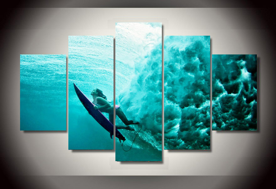 880x604 5 Piece Canvas Art Hd New Surfing Underwater Group Canvas Painting - Surfboard Canvas Painting