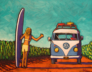 300x236 Surfer Girl And Vw Bus Painting By Kevin Hughes - Surfer Girl Painting