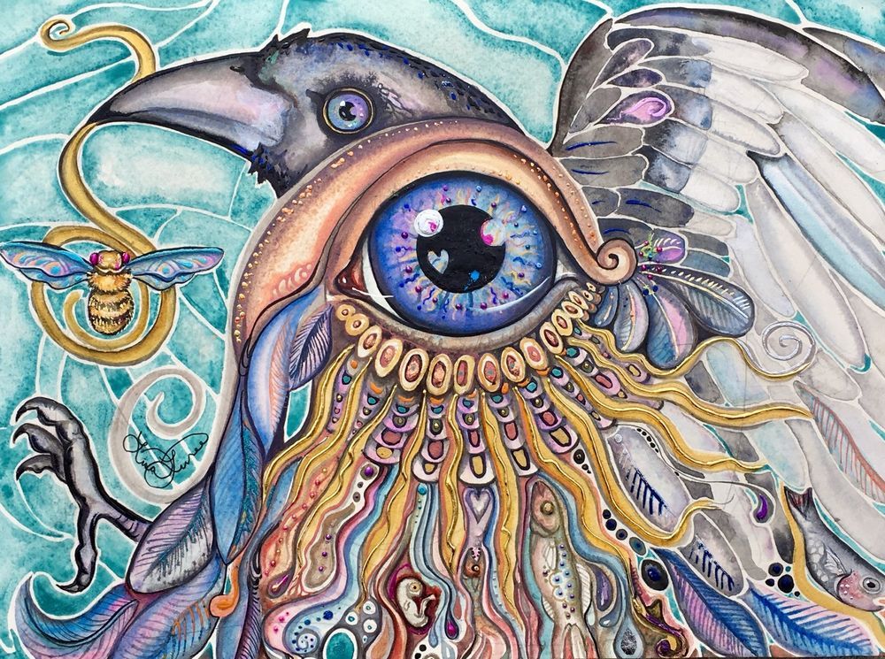 1000x745 Lisa Luree Art Original Magpie Visionary Eye Painting Mixed Media - Surreal Eye Painting