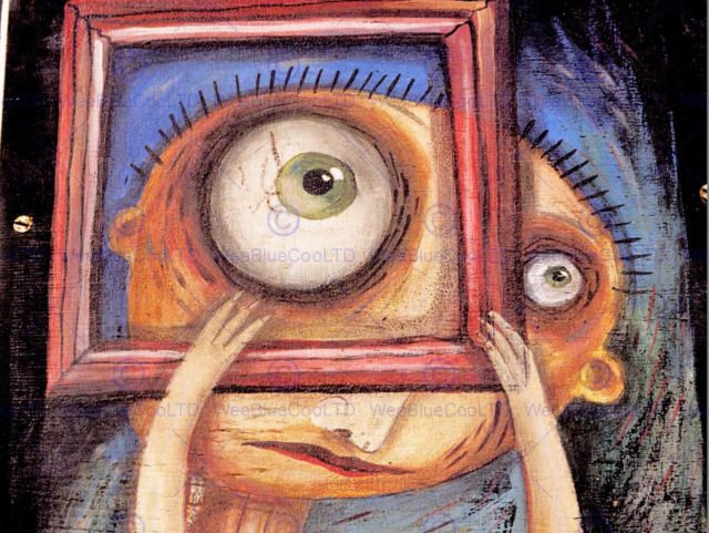 640x481 Painting Surreal Portrait Man Large Eye Frame Magnify Face Head - Surreal Eye Painting