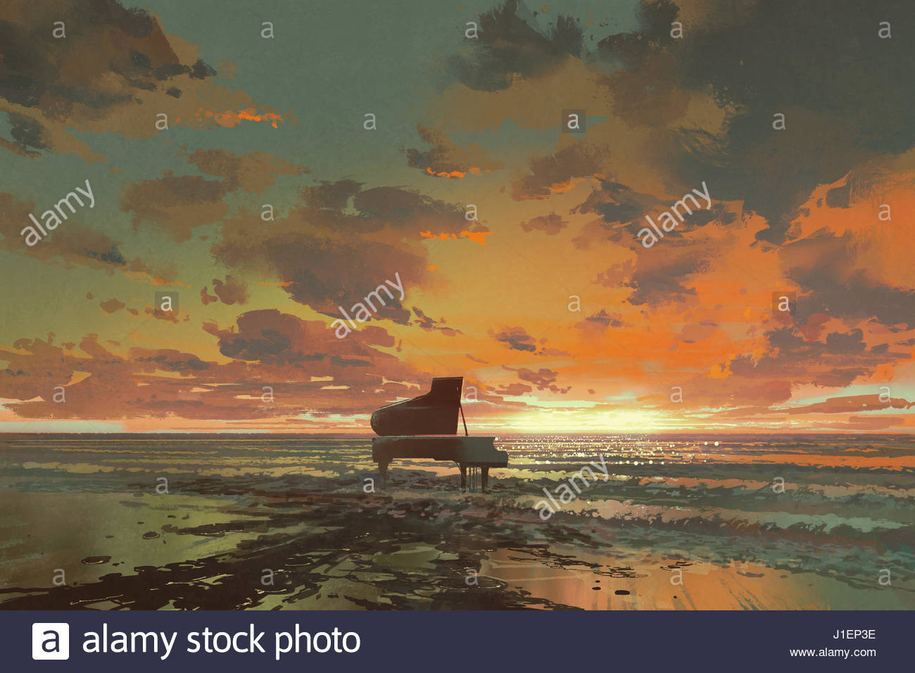 1300x956 Surreal Painting Of Melting Black Piano On The Beach - Surreal Sky Painting