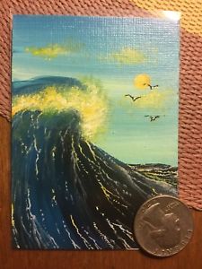 225x300 Aceo Painting Art Waves Ocean Sea Birds Sun Clouds Fantasy Realism - Surreal Sky Painting