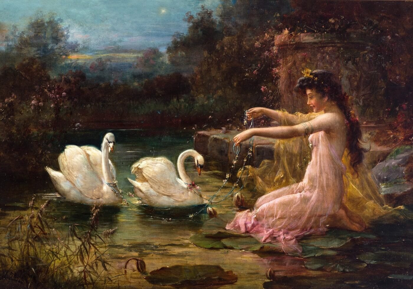 1400x981 At The Swan Lake - Swan Lake Painting