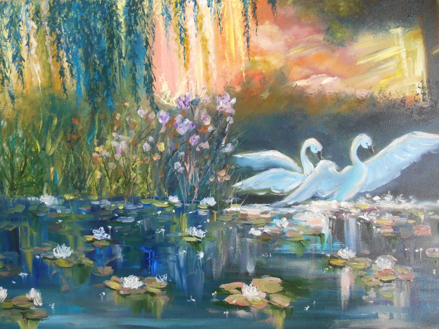 1500x1125 Oil Painting Large Canvas Swan Painting Wall Art Romantic - Swan Painting