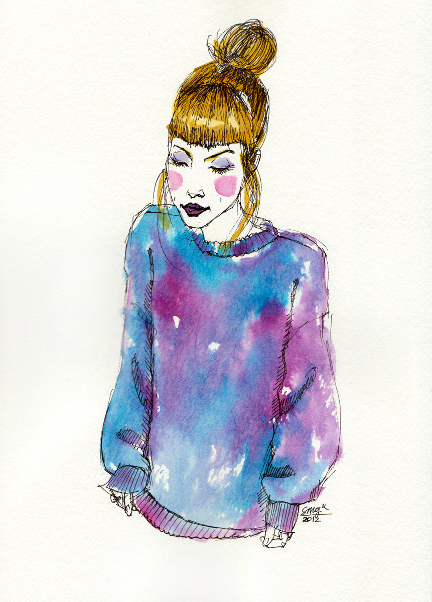 861x1200 Original Ecoline Ink Painting Blonde Girl With Oversized - Sweater Painting