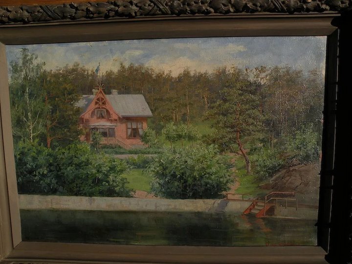720x540 Scandinavian Art Antique Swedish Painting Of A Quaint Lakeside - Swedish Painting