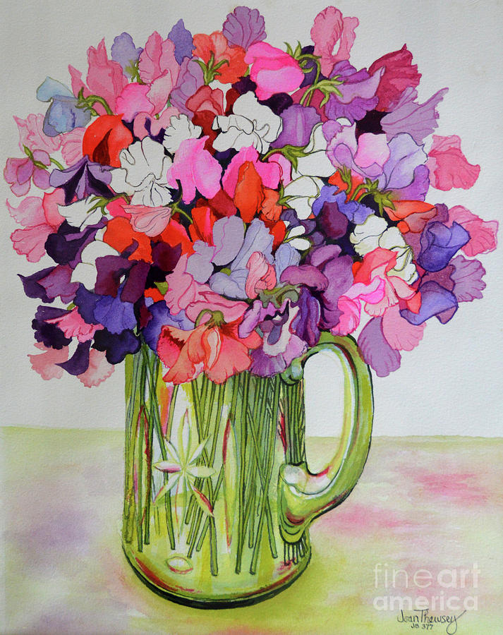 713x900 Sweet Peas In A Glass Jug Painting By Joan Thewsey - Sweet Pea Painting