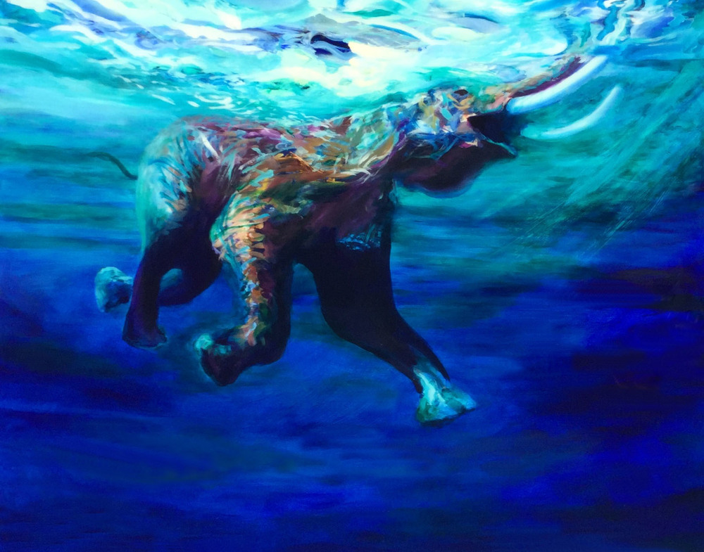 1000x785 Swimming Elephant 48h X 60w Original Oil On Board By Craig - Swimming Elephant Painting