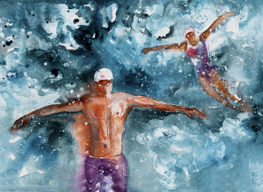 900x656 Man Swimming Paintings - Swimming Painting