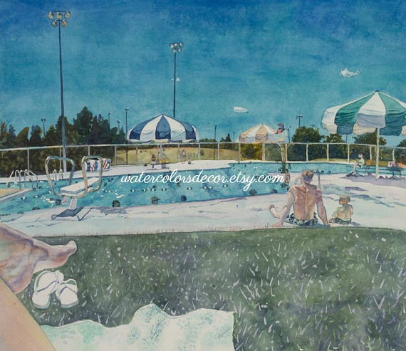 570x493 Swimming Pool Watercolor Print. Swimming Painting. Watercolor - Swimming Pool Painting