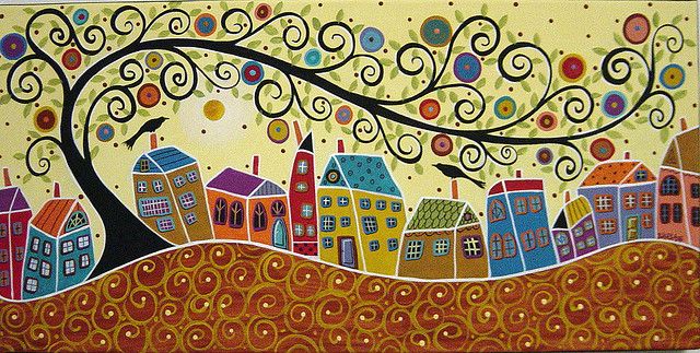 640x323 Houses Birds And A Swirl Tree Painting By Karla G By Karlagerard - Swirl Tree Painting
