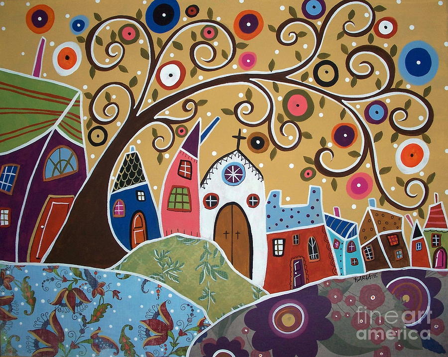 900x717 Swirl Tree Town 1 Painting By Karla Gerard - Swirl Tree Painting