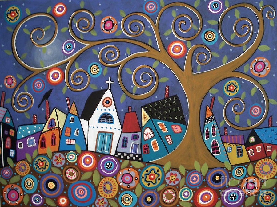 900x674 Swirl Tree Village Painting By Karla Gerard - Swirl Tree Painting