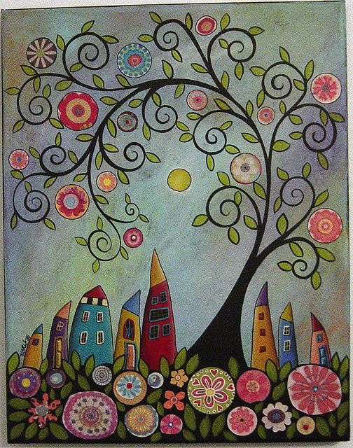 504x640 Colorful Swirl Tree. Mixed Media Folk Art, Folk - Swirl Tree Painting