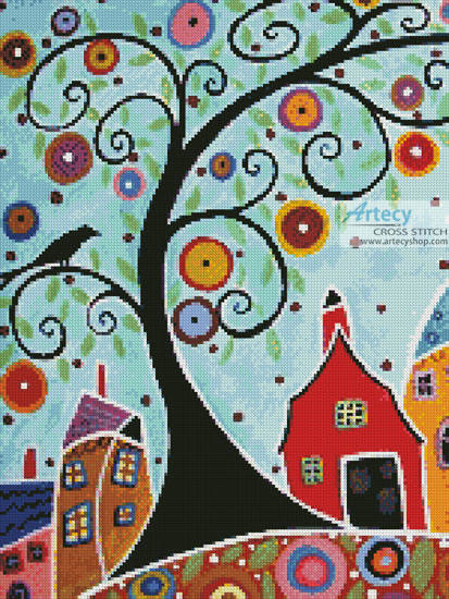 413x550 Houses, Barn, Birds And Swirl Tree(Crop) Cross Stitch Pattern Trees - Swirl Tree Painting