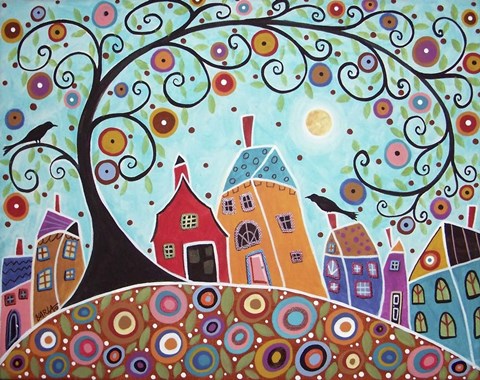 480x380 Houses Barn Birds Amp Swirl Tree Fine Art Print By Karla Gerard - Swirl Tree Painting