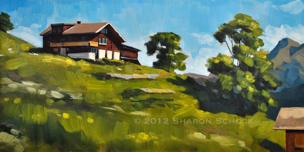 1054x527 Original Landscape Oil Painting Gimmelwald 8x16 Swiss - Swiss Painting