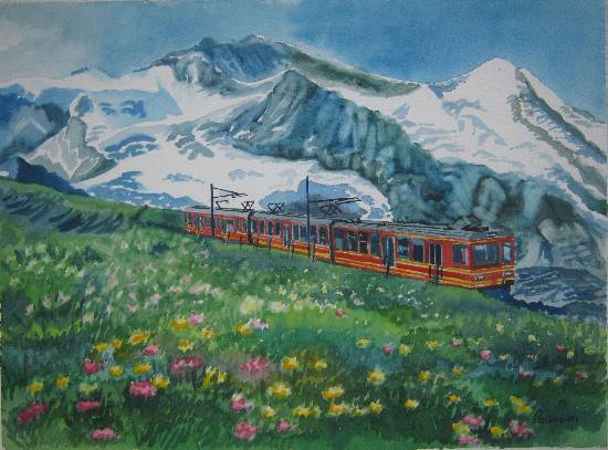 550x407 Red Train In Switzerland, Painting By Emerging Artist Poonam Juvale - Switzerland Painting