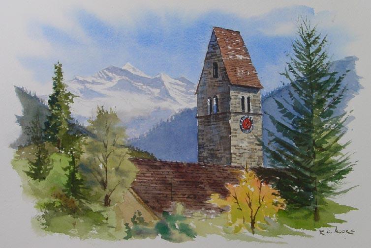754x505 Watercolor Painting Of Parish Church, Switzerland - Switzerland Painting