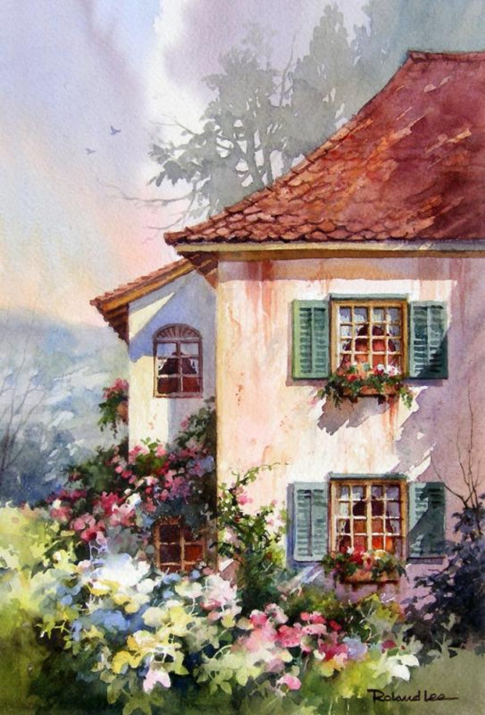 1000x1473 Green Shutters Watercolor Painting Of Switzerland Roland Lee - Switzerland Painting