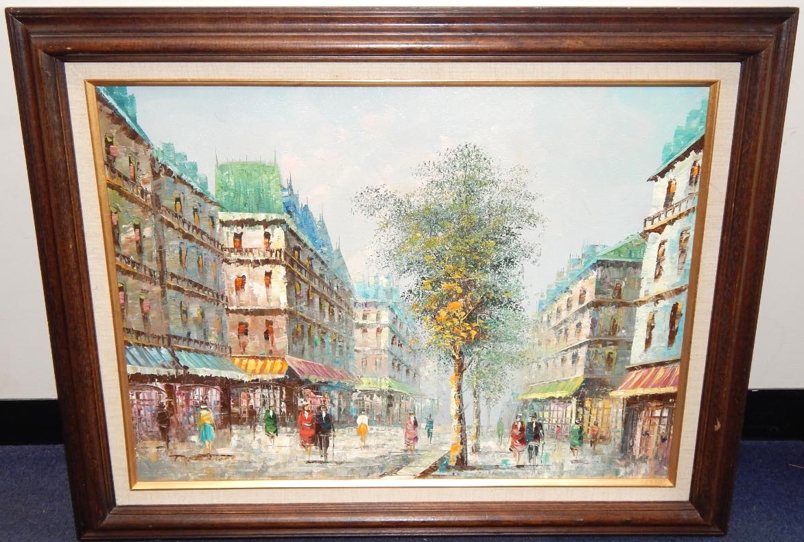 1172x790 T Carson (20thc). Paris Street Scene - T Carson Painting