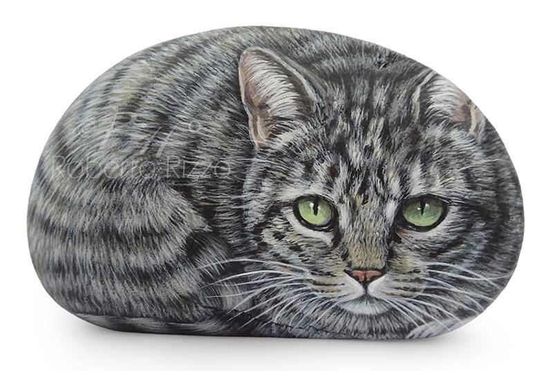 800x537 Irresistible Tabby Cat Miniature Handpainted On A Sea Pebble Cat - Tabby Cat Painting