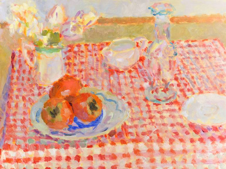 770x576 Saatchi Art Persimmons And Red And White Table Cloth Painting By - Table Cloth Painting