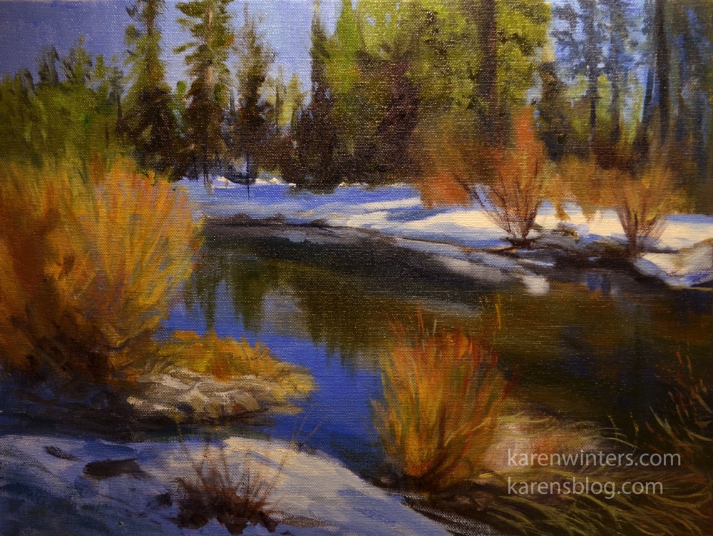 1000x751 Truckee Snowbank Lake Tahoe River Landscape Painting By Artist - Tahoe Painting