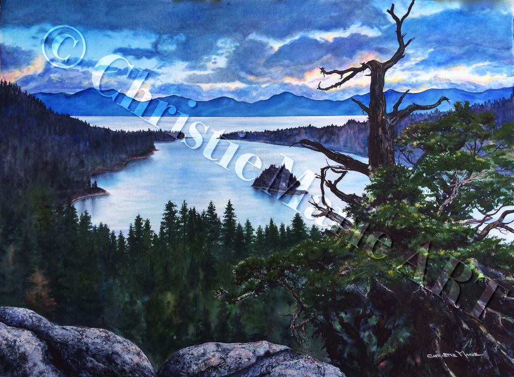 1024x751 Large Original Art Watercolor Painting Lake Tahoe Emerald Bay Art - Tahoe Painting