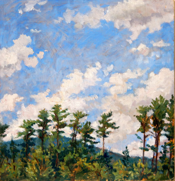 570x589 Original Oil Painting Tall Pines Tanglewood Sky. Landscape - Tall Pines Painting