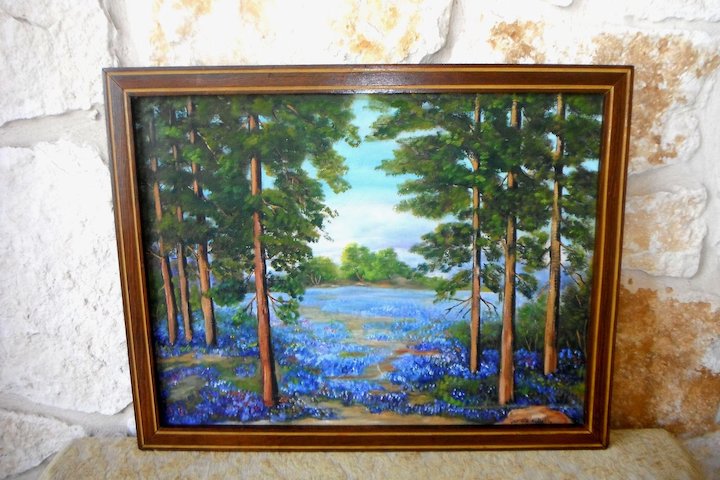 720x480 Texas Hill Country Tall Pines With Bluebonnets And Indian - Tall Pines Painting