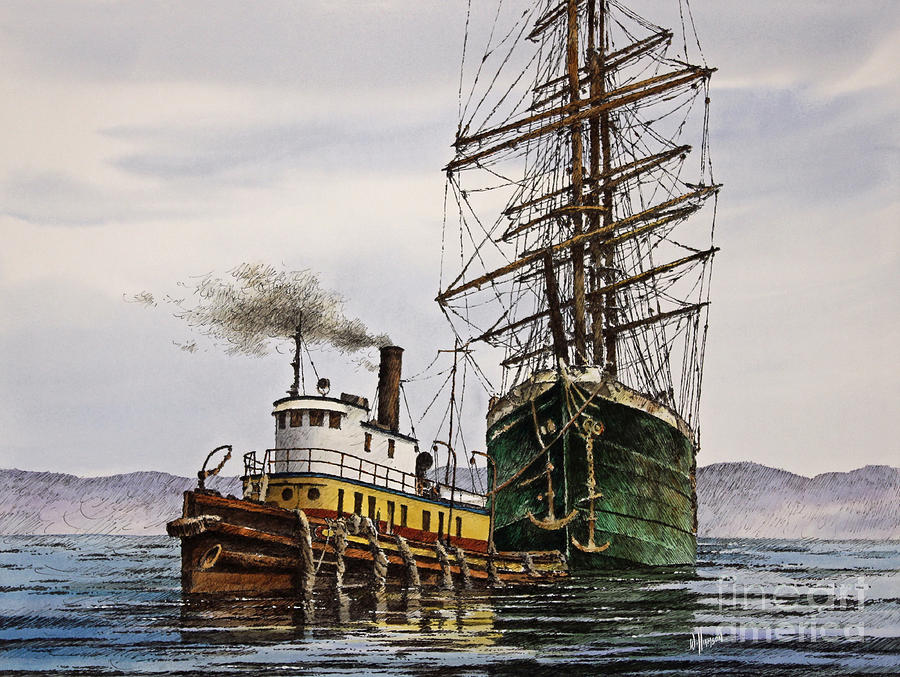 900x677 Tall Ship Tugboat Assist Painting By James Williamson - Tall Ship Painting