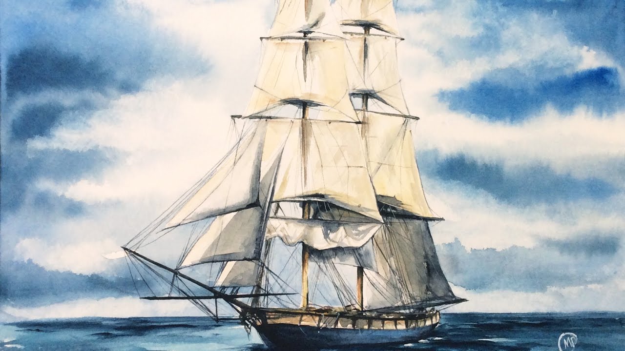 1280x720 Watercolor Tall Ship In The Ocean Painting Demonstration - Tall Ship Painting