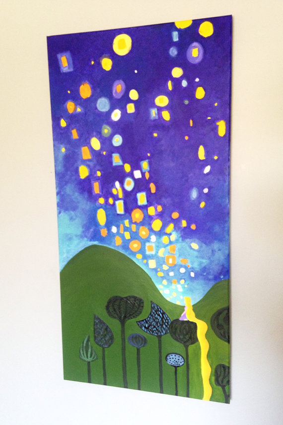 570x856 Rapunzel Floating Lights Painting Print On Canvas Tangled - Tangled Painting