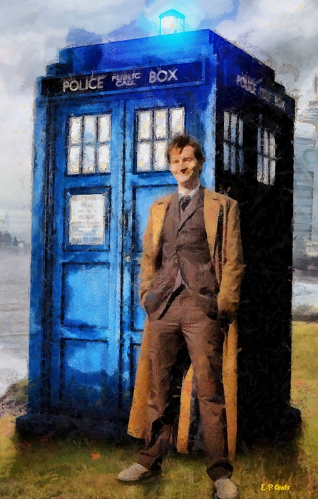446x700 David Tennant As Doctor Who And Tardis Painting By Elizabeth Coats - Tardis Painting