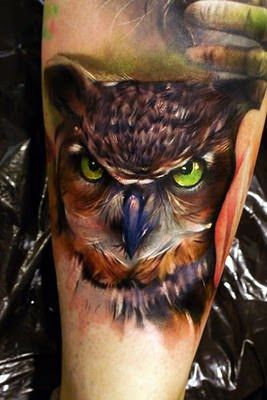 267x400 A Beautiful, Artistic Tattoo Of An Owl In An Oil Painting Style - Tattoo Painting Style