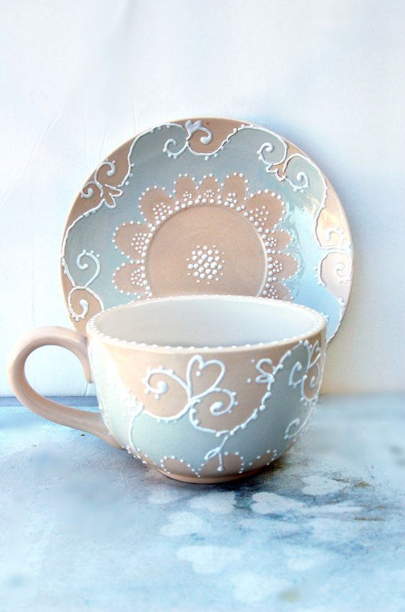 570x860 Large Tea Cup And Saucer Hand Painted In Shabby Chic Style - Tea Cup Painting