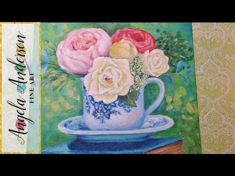 480x360 Roses In Teacup Full Acrylic Painting Tutorial Downton Abbey - Tea Cup Painting