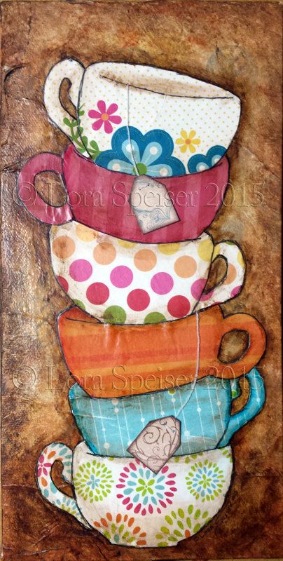 404x800 Tea Cups Stack Teacup Original Textured Painting Mixed Media Oil - Tea Cup Painting