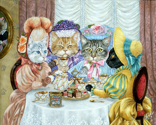 530x425 Purrfect Tea Party Ii By Rophar - Tea Party Painting