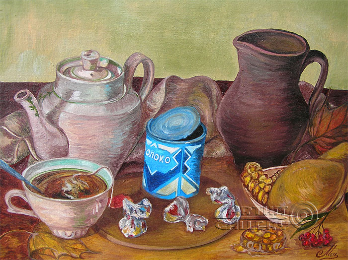 700x524 Autumn Tea Party. Ekaterina Metz. Flowers Painting. Original - Tea Party Painting