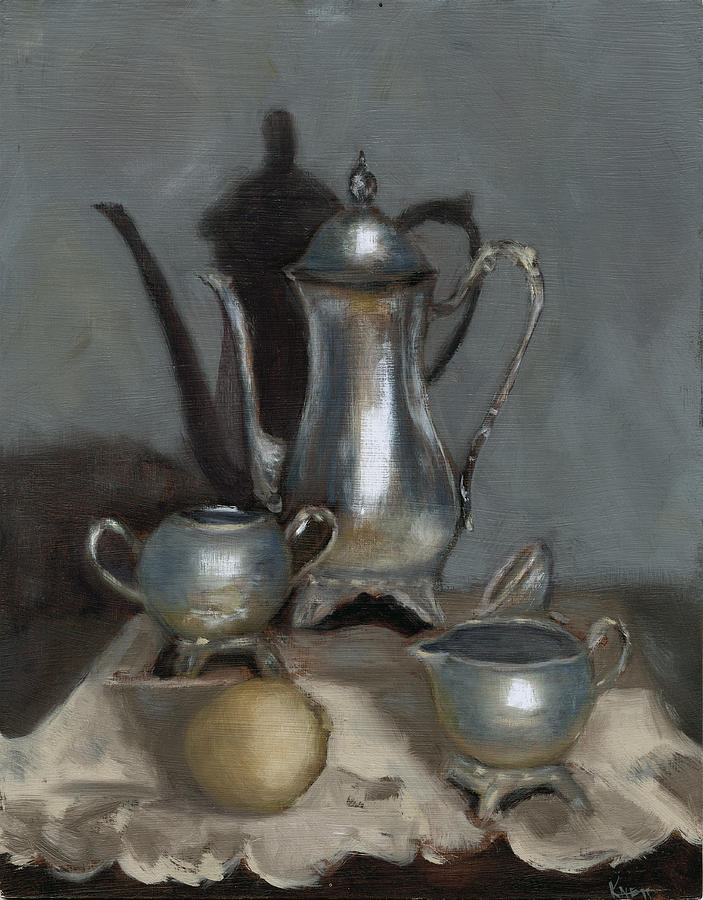 703x900 Silver Tea Set Painting By Ron Knepper - Tea Set Painting