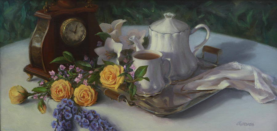 900x425 Tea In The Garden Painting By Diane Reeves - Tea Set Painting