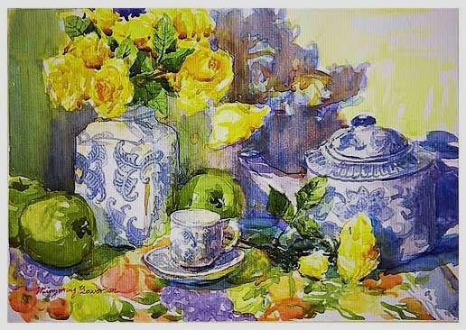 516x366 Watercolor Yellow Rose And English Tea Set Watercolor Amp Other - Tea Set Painting
