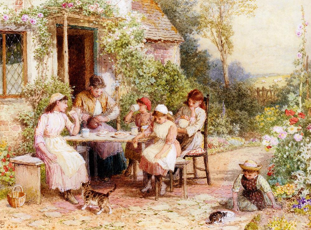 1000x741 Tea Time Victorian Myles Birket Foster Painting In Oil For Sale - Tea Time Painting