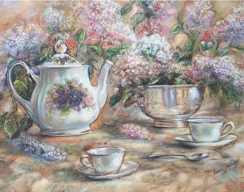 500x393 Teacup, Teapot, Tea Party, Still Life, Floral Art, Choose Size - Tea Time Painting