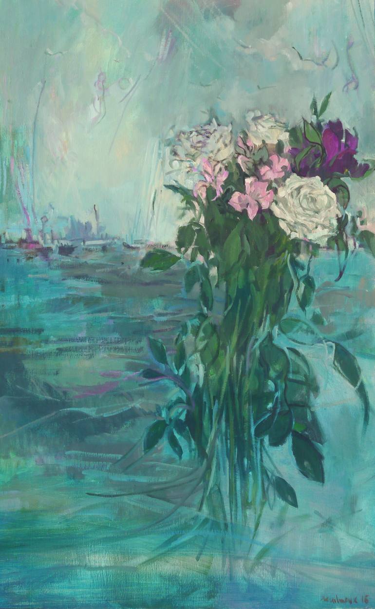 770x1249 Saatchi Art Ocean Flowers Painting By Melmoux Carole - Teal Flower Painting