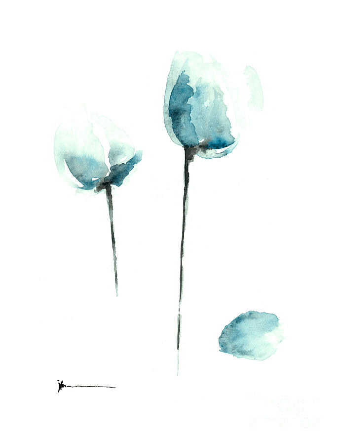 689x900 Teal Tulips Art Print Watercolor Painting Painting By Joanna Szmerdt - Teal Flower Painting