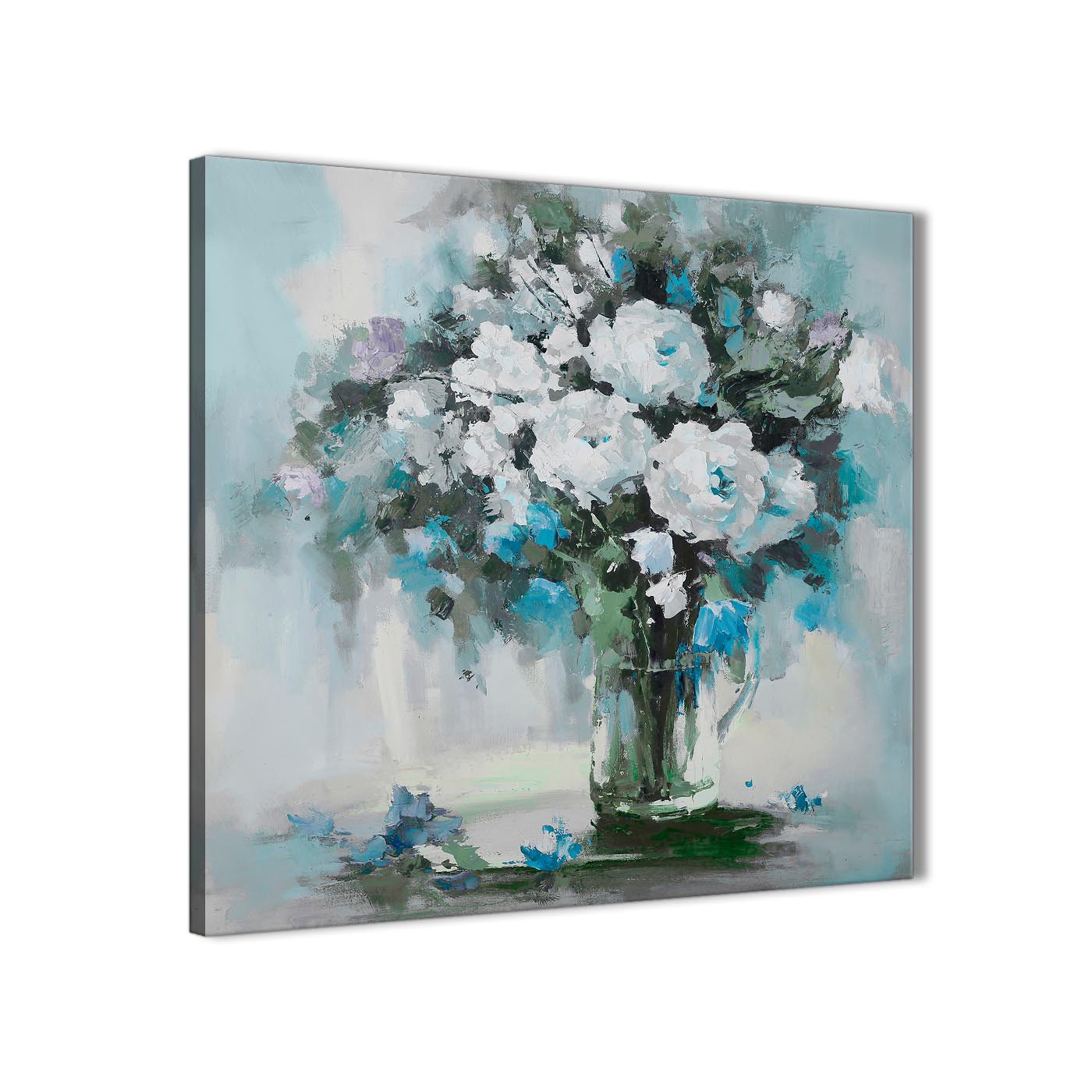 1400x1400 Teal White Flowers Painting Bathroom Canvas Wall Art Accessories - Teal Flower Painting
