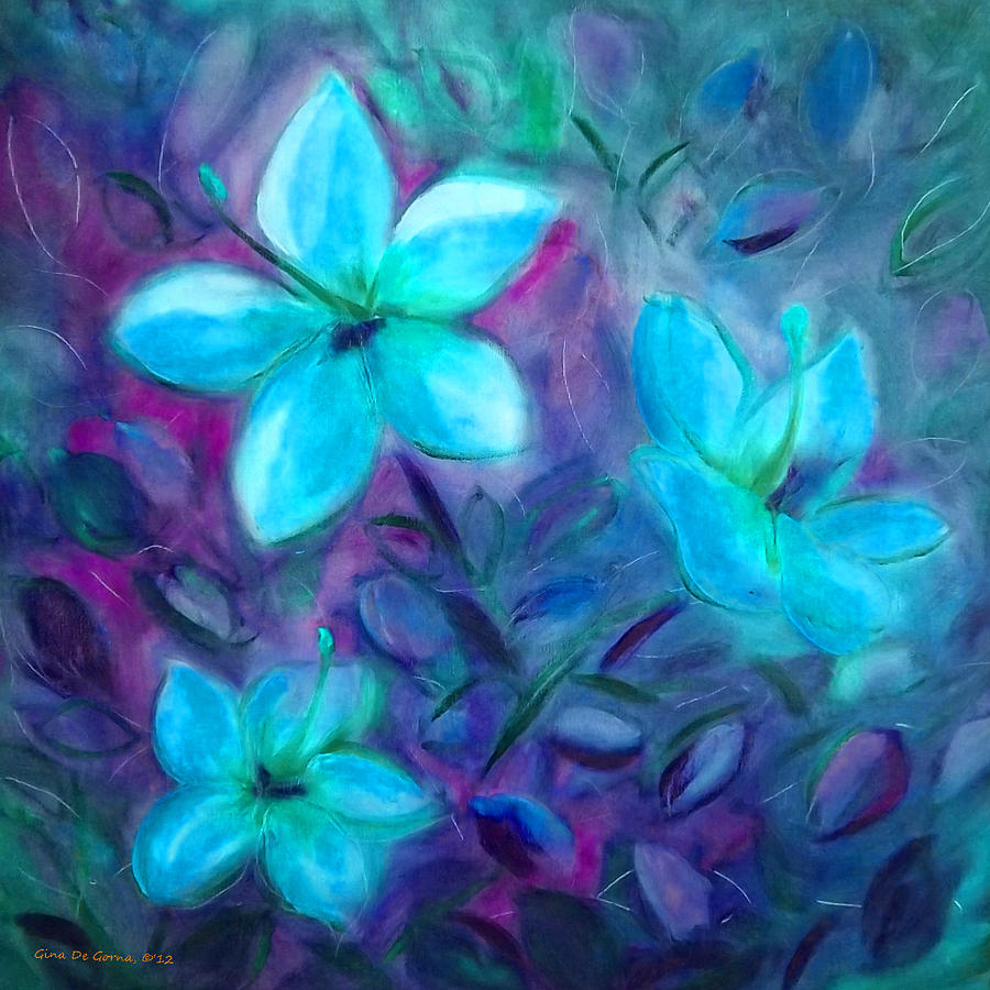 900x900 Blue Flowers Painting By Gina De Gorna - Teal Flower Painting